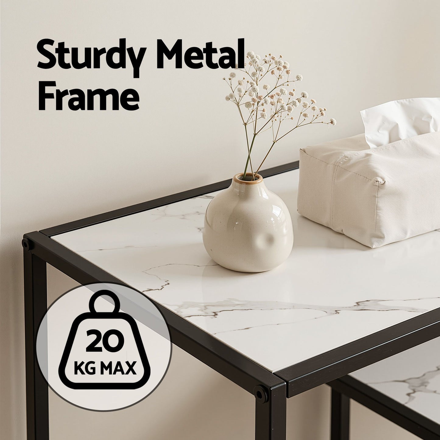 Console Table – Marble Effect, 4-Tier Storage, White