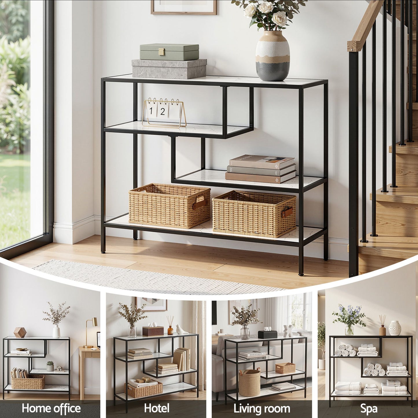Console Table – Marble Effect, 4-Tier Storage, White