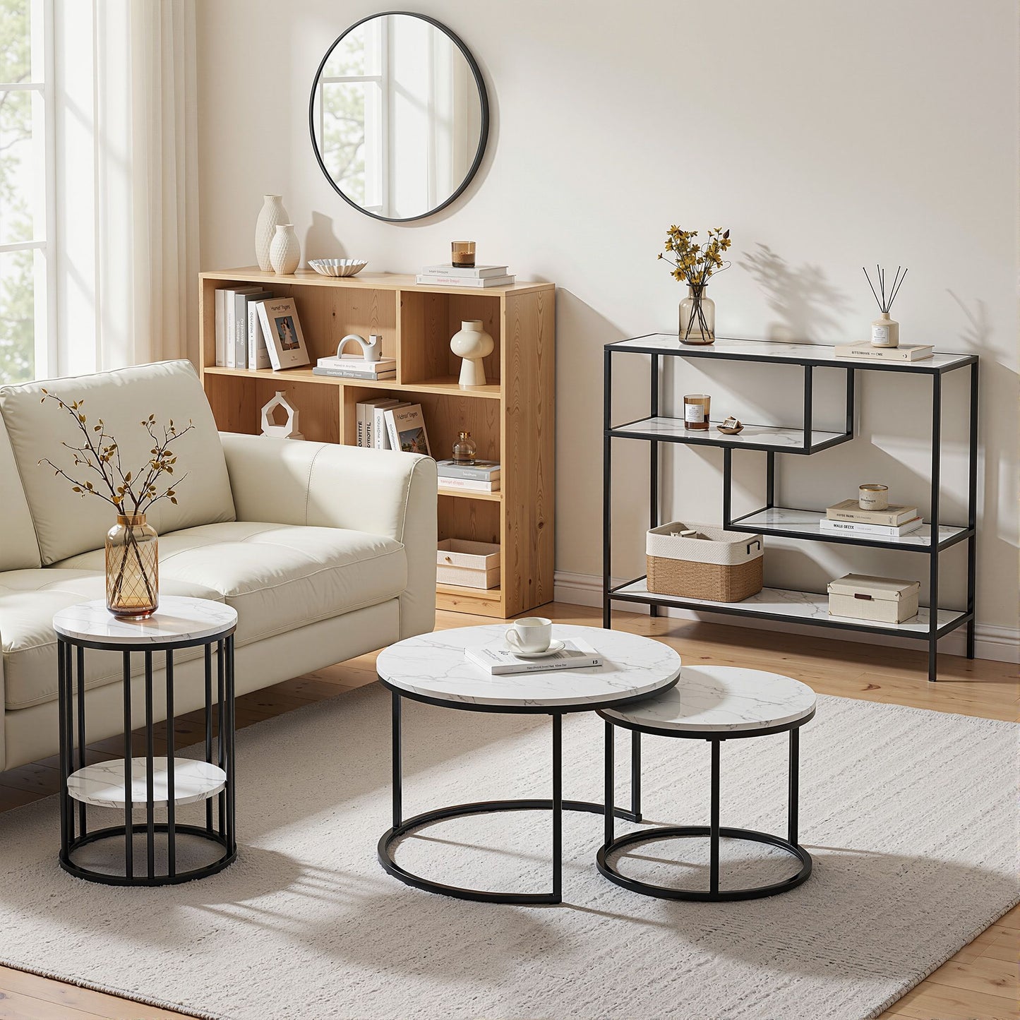 Console Table – Marble Effect, 4-Tier Storage, White