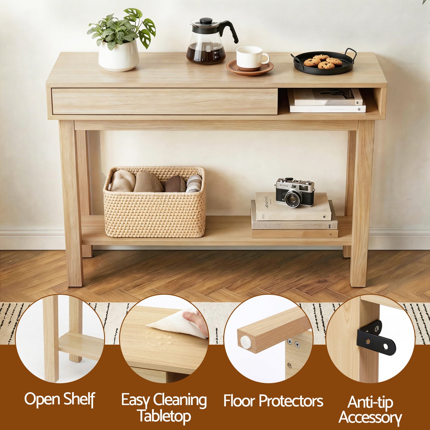 Console Table with Drawer and Shelf – Minimalist Wood, 100cm