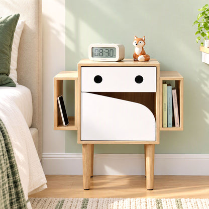 TWSC Bedside Table with Drawer Robot Design for Kids' Room Bedroom Pine