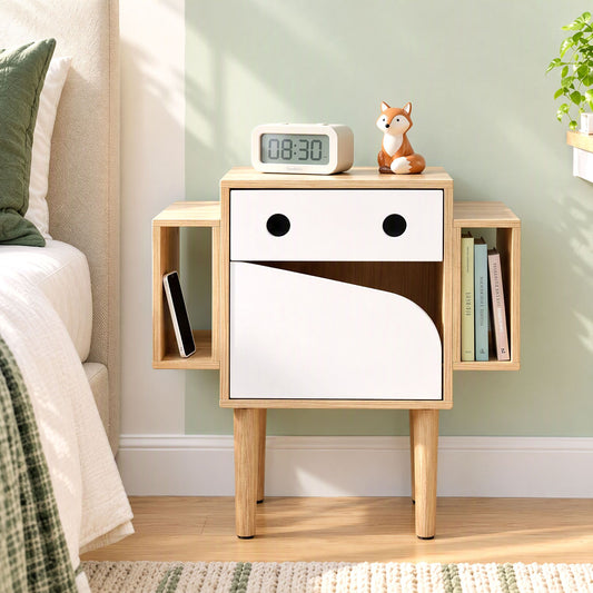 TWSC Bedside Table with Drawer Robot Design for Kids' Room Bedroom Pine