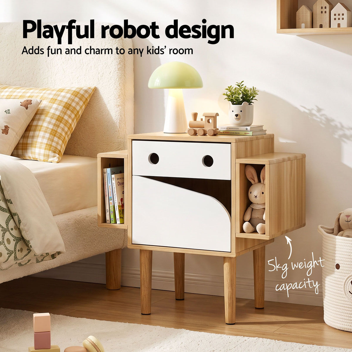 TWSC Bedside Table with Drawer Robot Design for Kids' Room Bedroom Pine