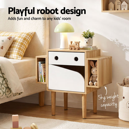TWSC Bedside Table with Drawer Robot Design for Kids' Room Bedroom Pine