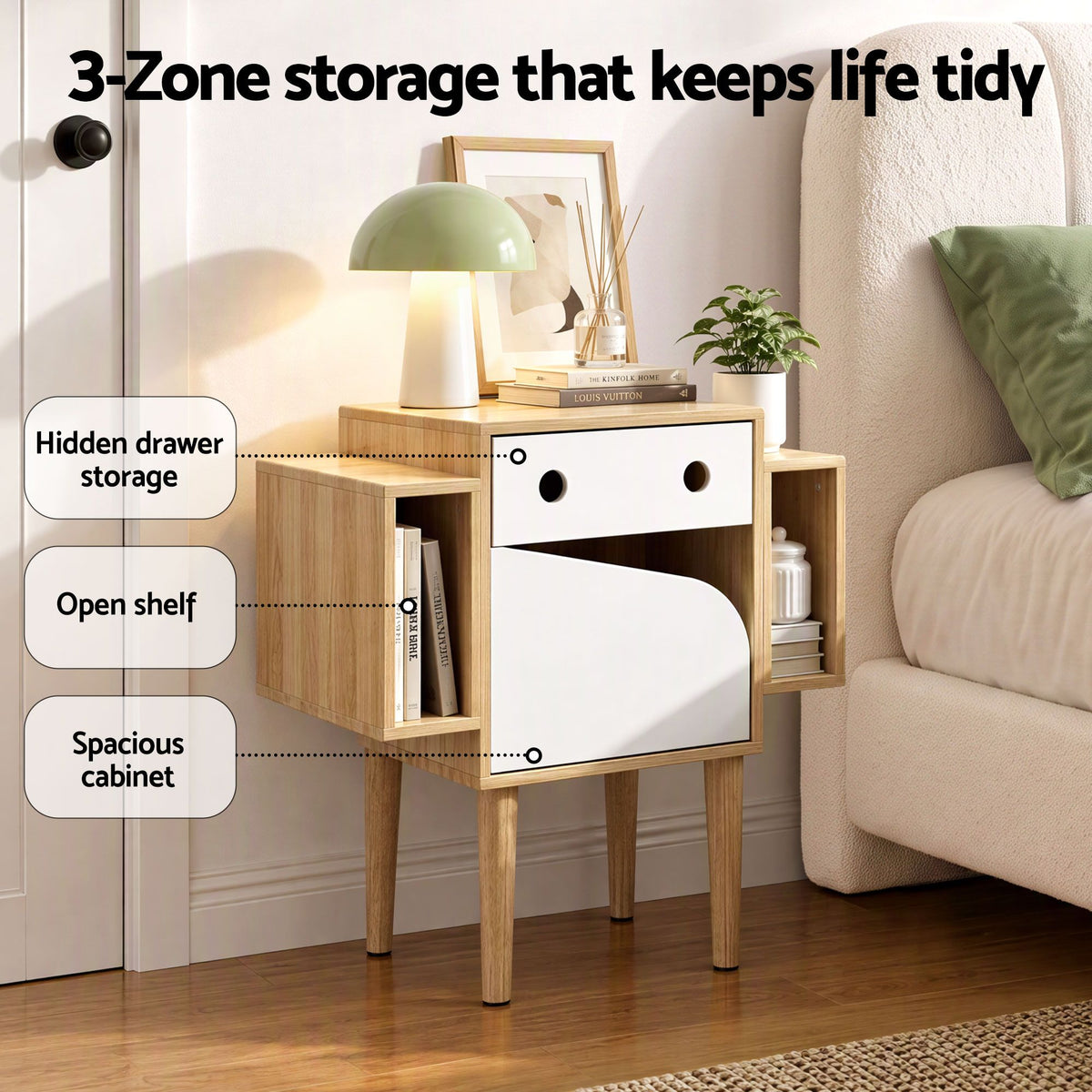 TWSC Bedside Table with Drawer Robot Design for Kids' Room Bedroom Pine