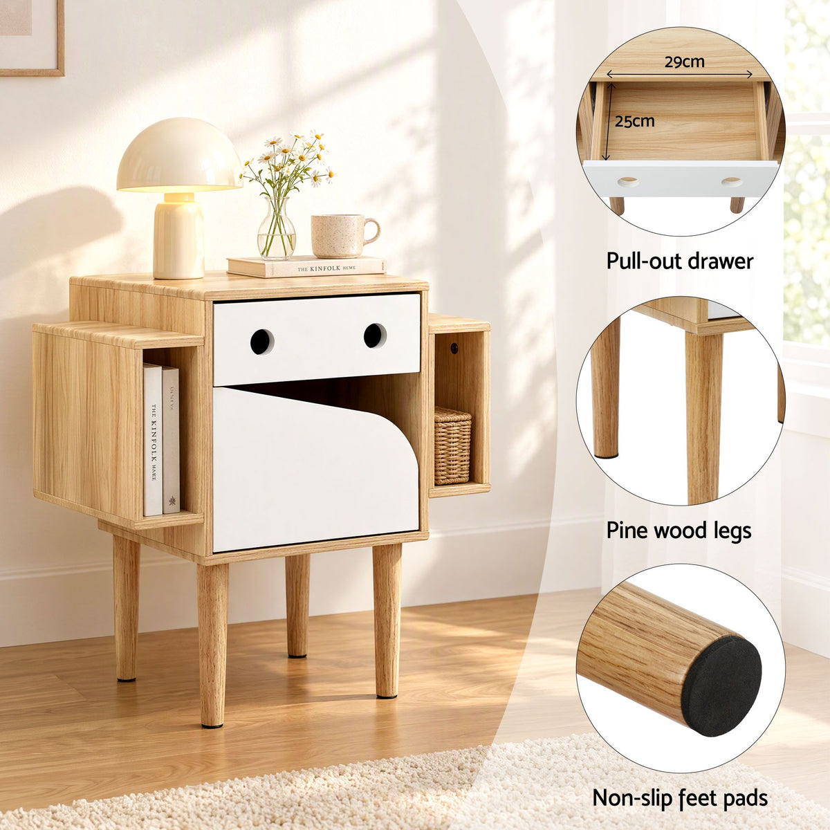TWSC Bedside Table with Drawer Robot Design for Kids' Room Bedroom Pine