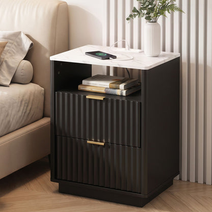 TWSC Bedside Table with Charging Station and 2 Drawers Black