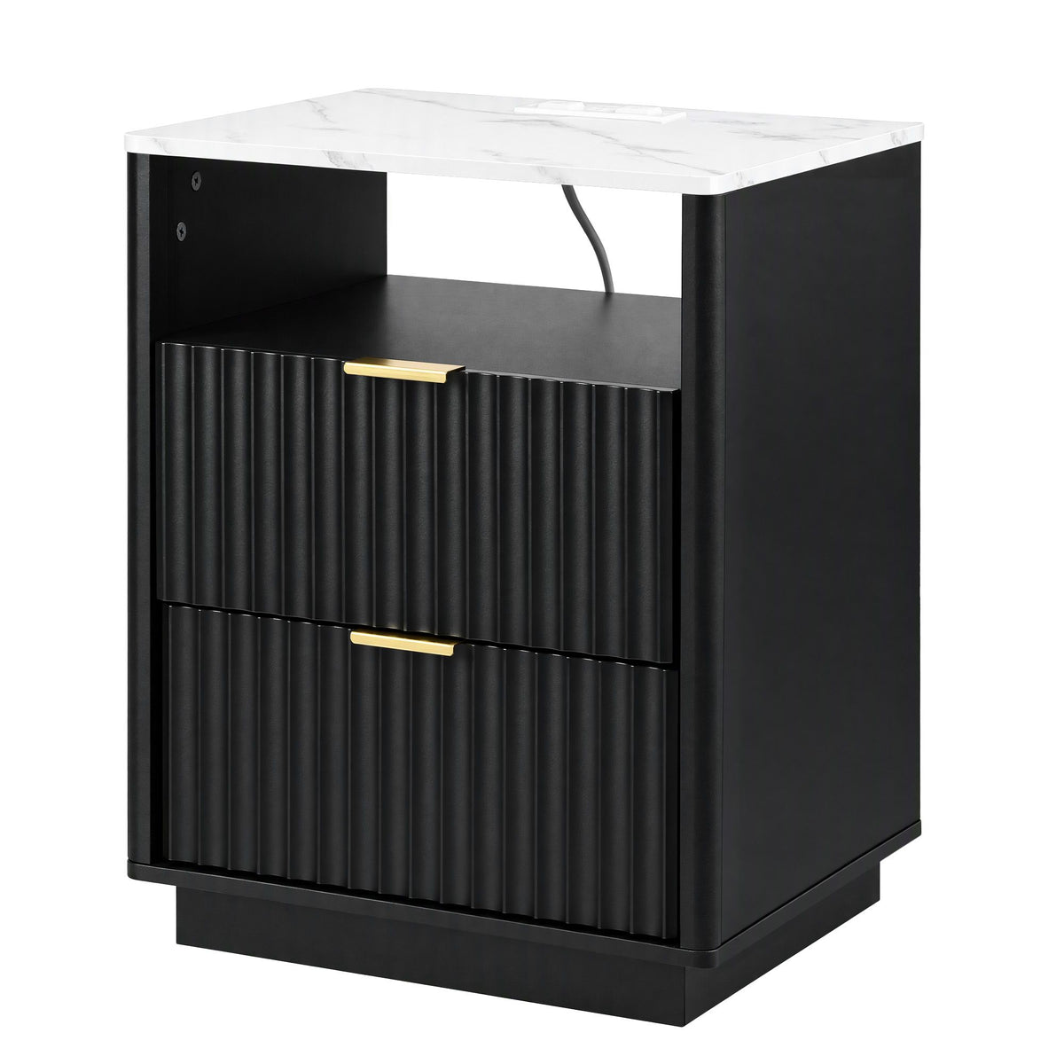 TWSC Bedside Table with Charging Station and 2 Drawers Black