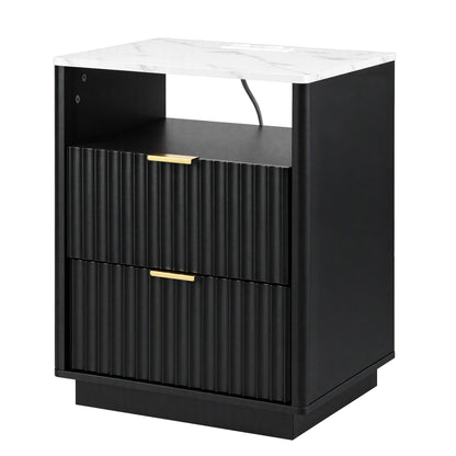 TWSC Bedside Table with Charging Station and 2 Drawers Black