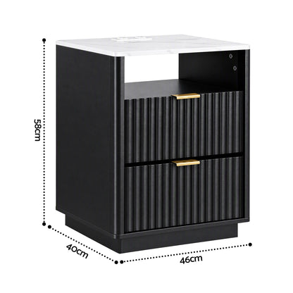TWSC Bedside Table with Charging Station and 2 Drawers Black