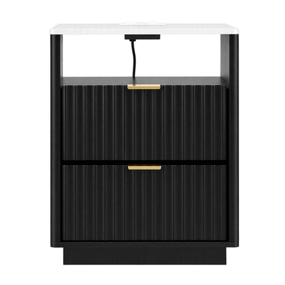TWSC Bedside Table with Charging Station and 2 Drawers Black