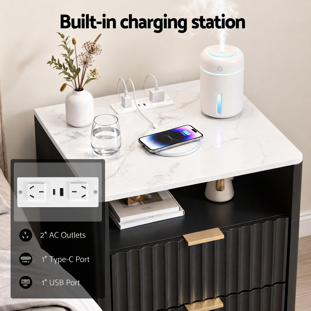 TWSC Bedside Table with Charging Station and 2 Drawers Black