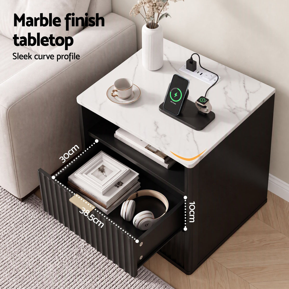 TWSC Bedside Table with Charging Station and 2 Drawers Black