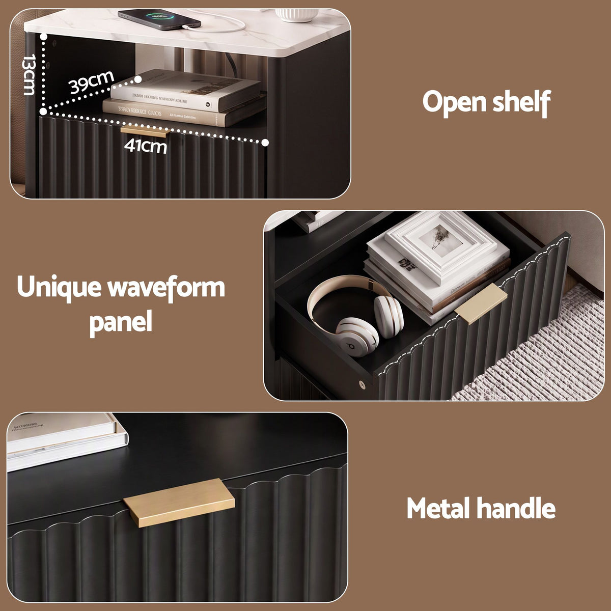 TWSC Bedside Table with Charging Station and 2 Drawers Black
