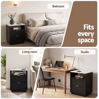 TWSC Bedside Table with Charging Station and 2 Drawers Black