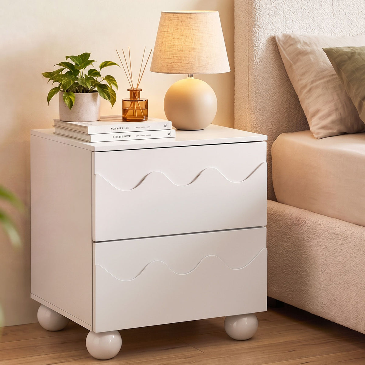 TWSC Bedside Table Nightstand 2 Drawers Storage Side Cabinet Beige
