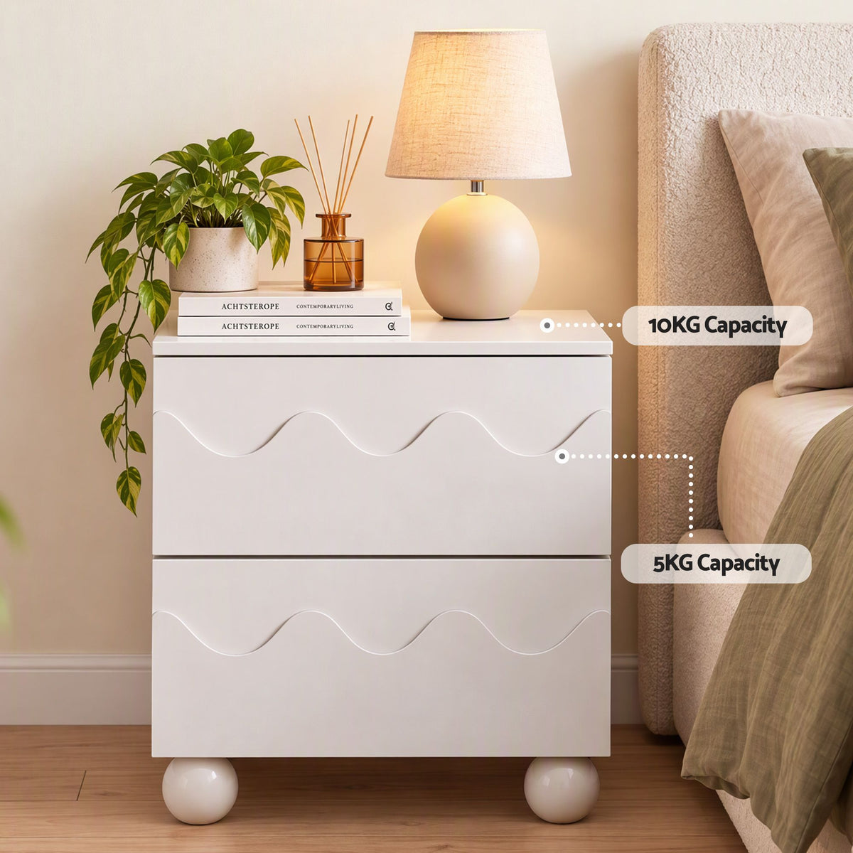 TWSC Bedside Table Nightstand 2 Drawers Storage Side Cabinet Beige