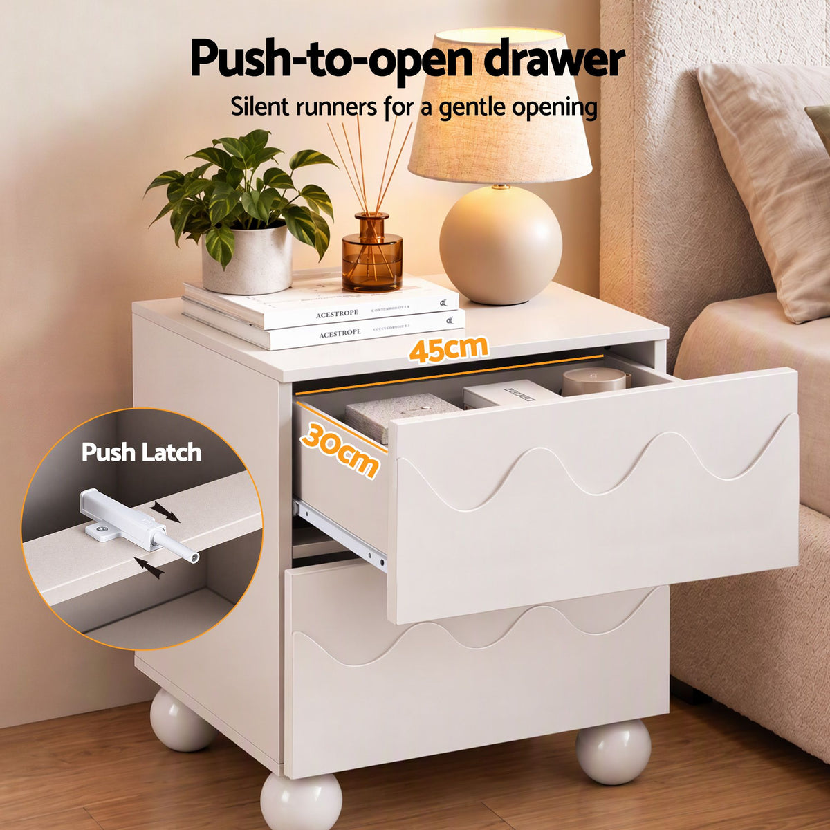 TWSC Bedside Table Nightstand 2 Drawers Storage Side Cabinet Beige