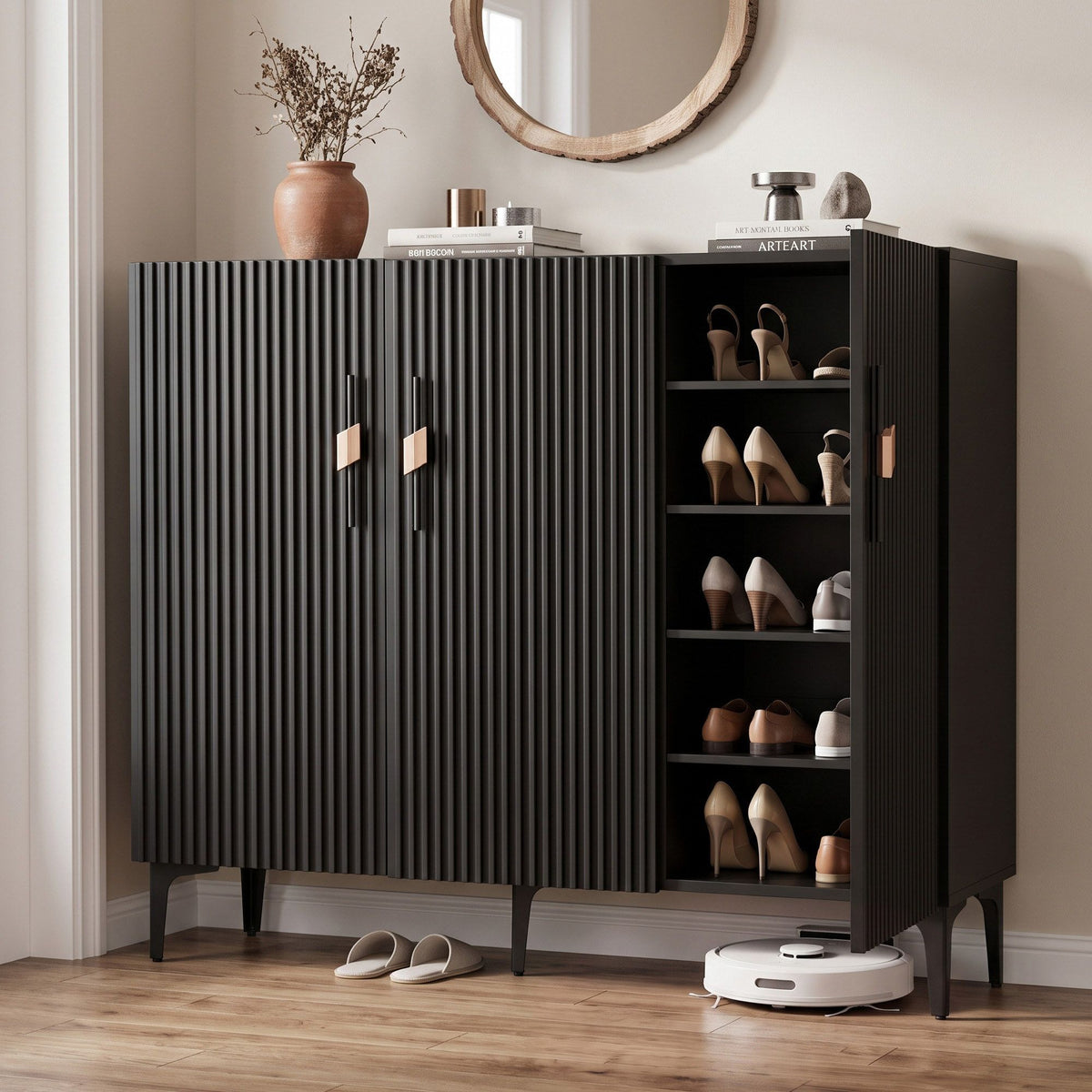 TWSC Shoe Cabinet Fluted Style 25 Pairs Shoe Storage Cupboard Black