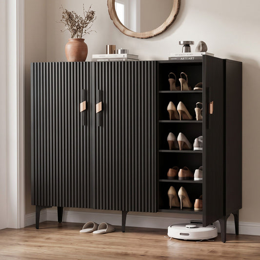 TWSC Shoe Cabinet Fluted Style 25 Pairs Shoe Storage Cupboard Black