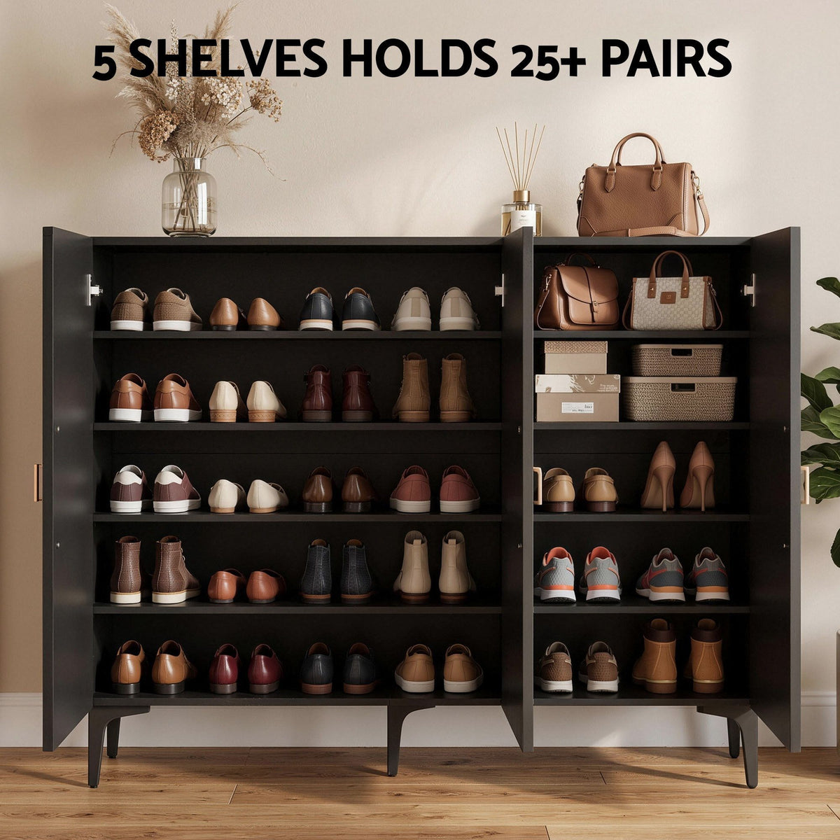 TWSC Shoe Cabinet Fluted Style 25 Pairs Shoe Storage Cupboard Black