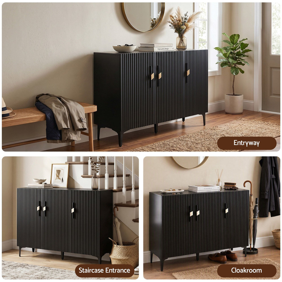 TWSC Shoe Cabinet Fluted Style 25 Pairs Shoe Storage Cupboard Black