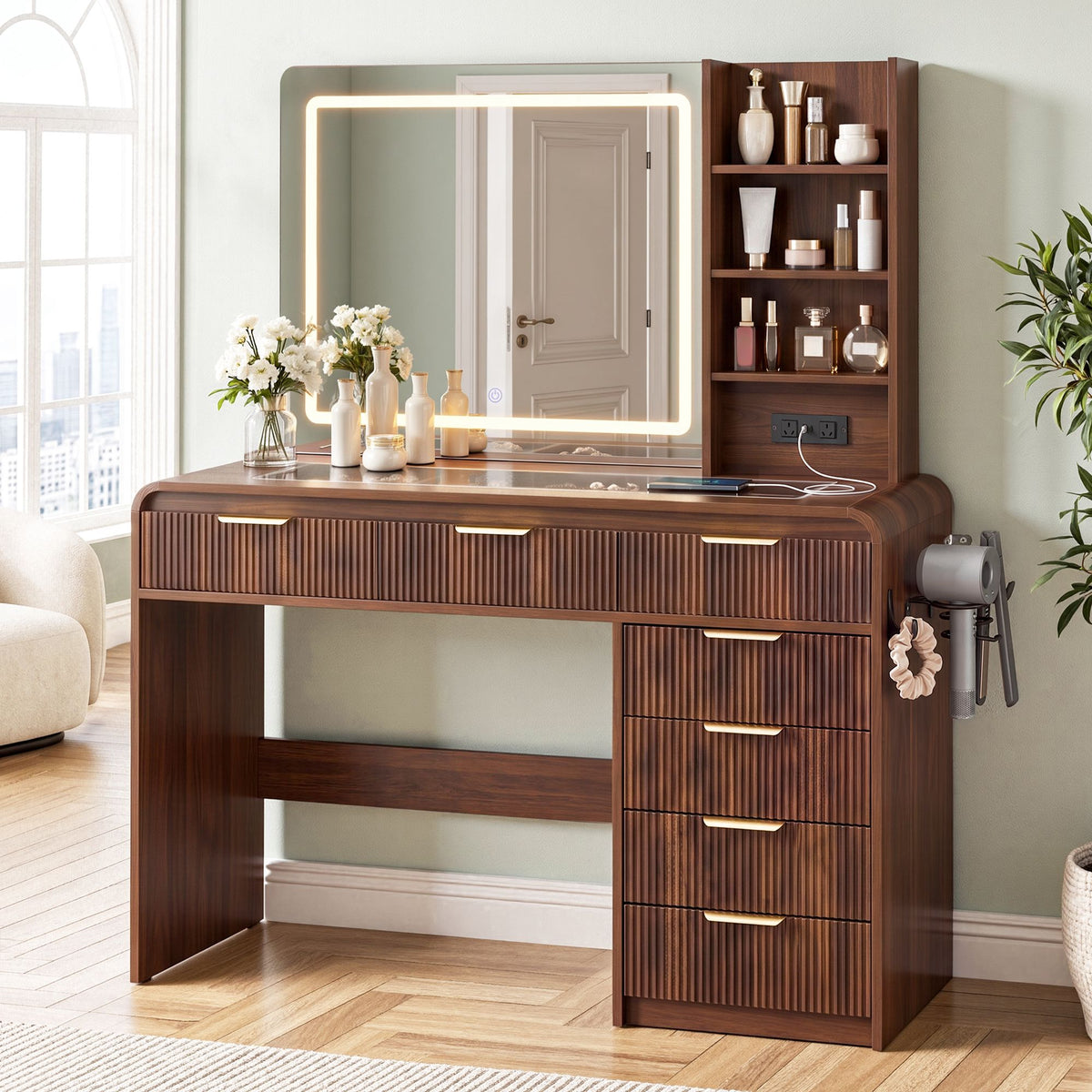 TWSC Dressing Table Vanity Desk LED Lighted Mirror Glass Top 7 Fluted Drawers 120CM Walnut
