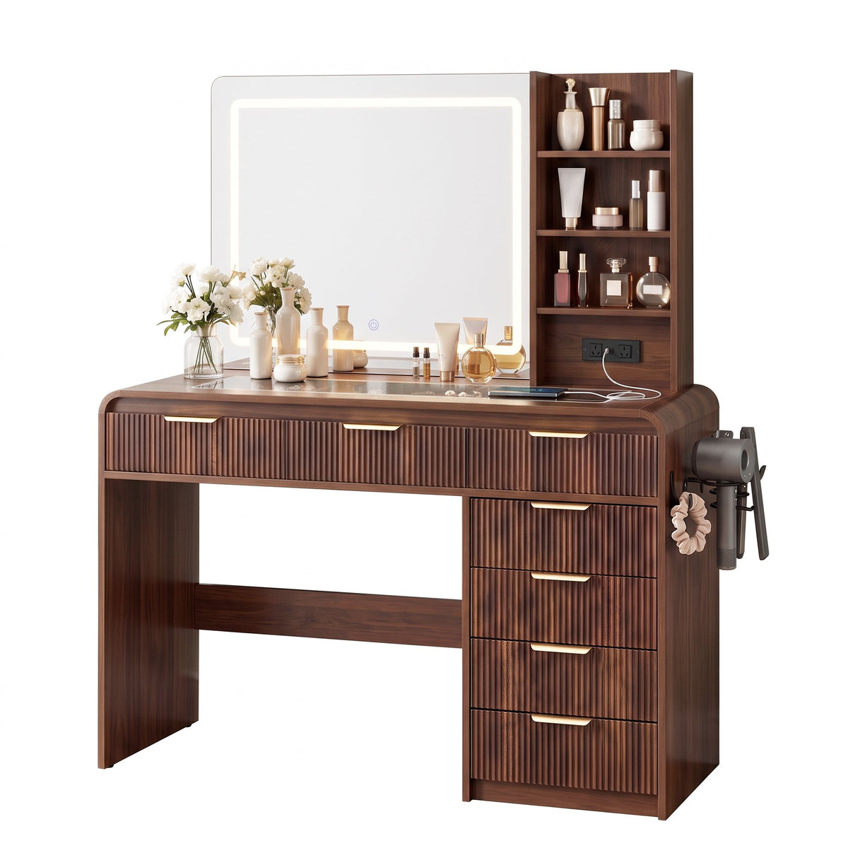 TWSC Dressing Table Vanity Desk LED Lighted Mirror Glass Top 7 Fluted Drawers 120CM Walnut