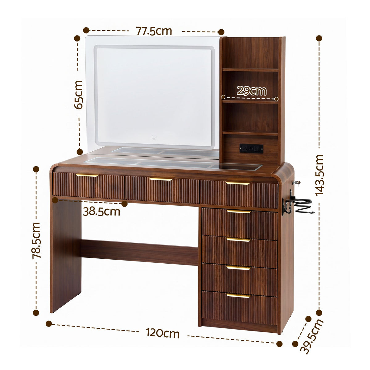 TWSC Dressing Table Vanity Desk LED Lighted Mirror Glass Top 7 Fluted Drawers 120CM Walnut