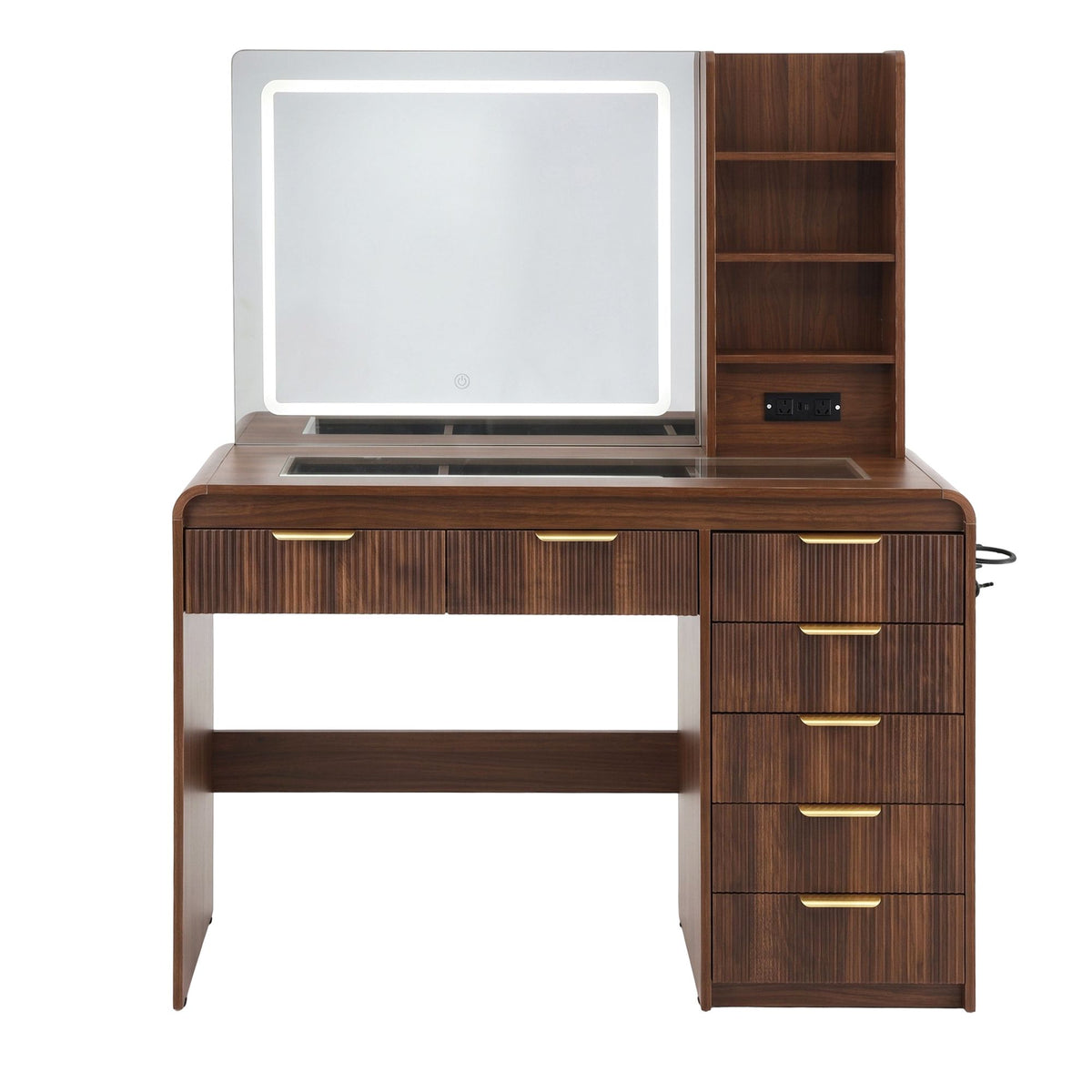 TWSC Dressing Table Vanity Desk LED Lighted Mirror Glass Top 7 Fluted Drawers 120CM Walnut