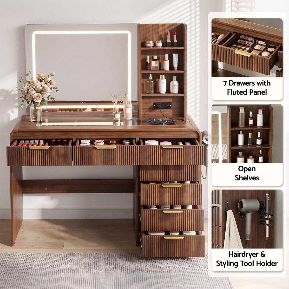 TWSC Dressing Table Vanity Desk LED Lighted Mirror Glass Top 7 Fluted Drawers 120CM Walnut
