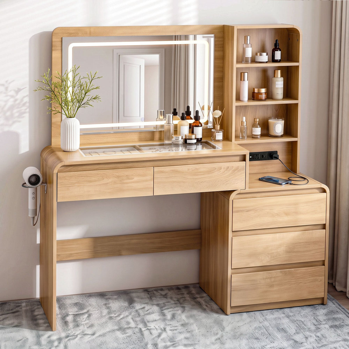 TWSC Dressing Table Makeup Vanity Desk LED Mirror Drawers Charging Station Curved Edge Wood