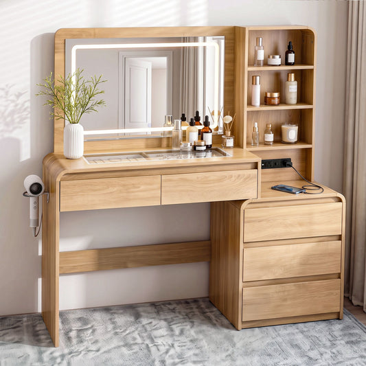 TWSC Dressing Table Makeup Vanity Desk LED Mirror Drawers Charging Station Curved Edge Wood
