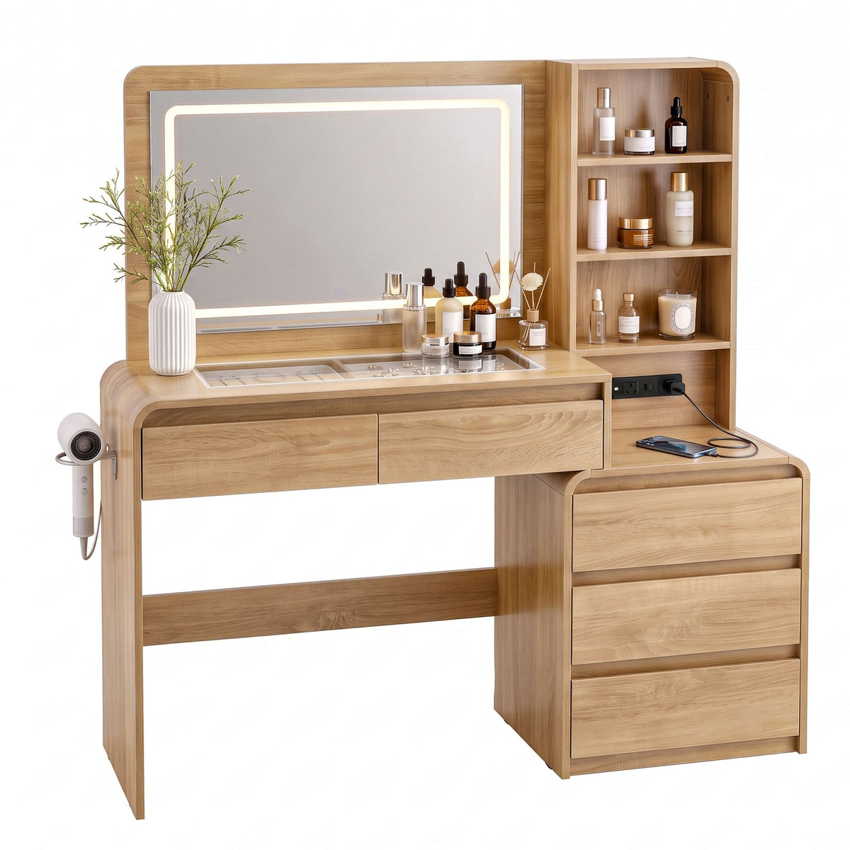 TWSC Dressing Table Makeup Vanity Desk LED Mirror Drawers Charging Station Curved Edge Wood