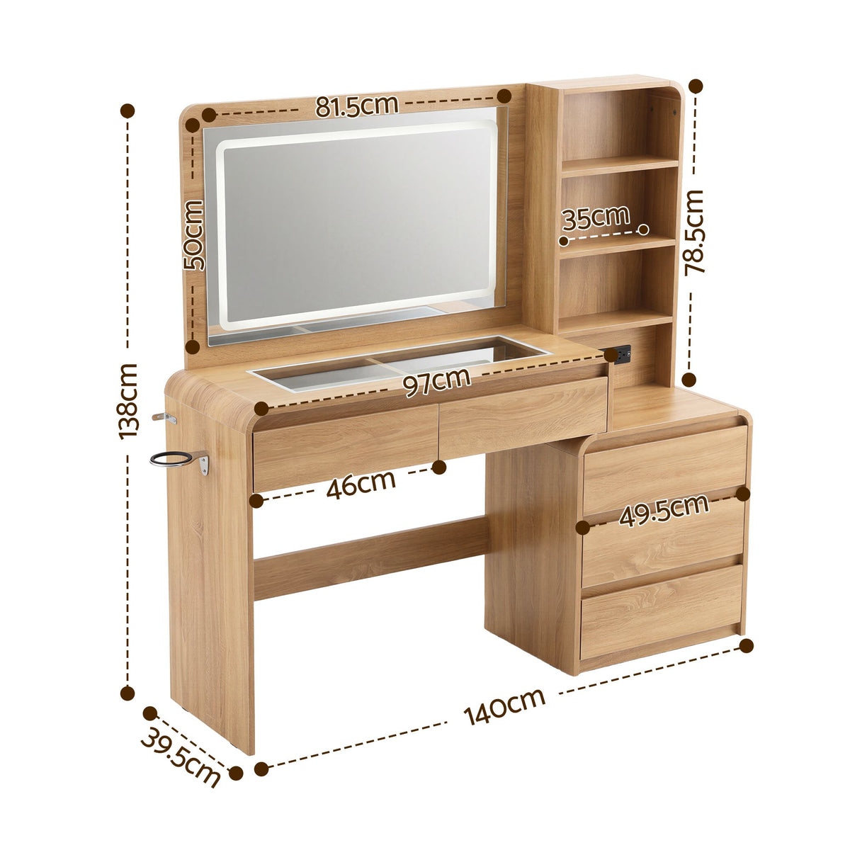 TWSC Dressing Table Makeup Vanity Desk LED Mirror Drawers Charging Station Curved Edge Wood