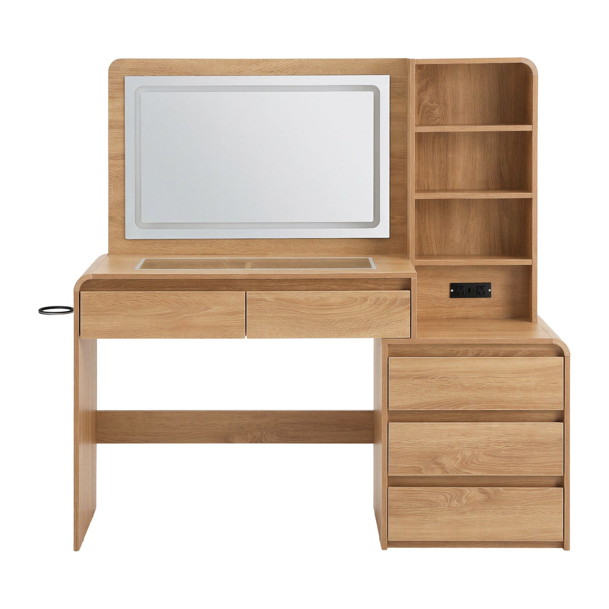 TWSC Dressing Table Makeup Vanity Desk LED Mirror Drawers Charging Station Curved Edge Wood