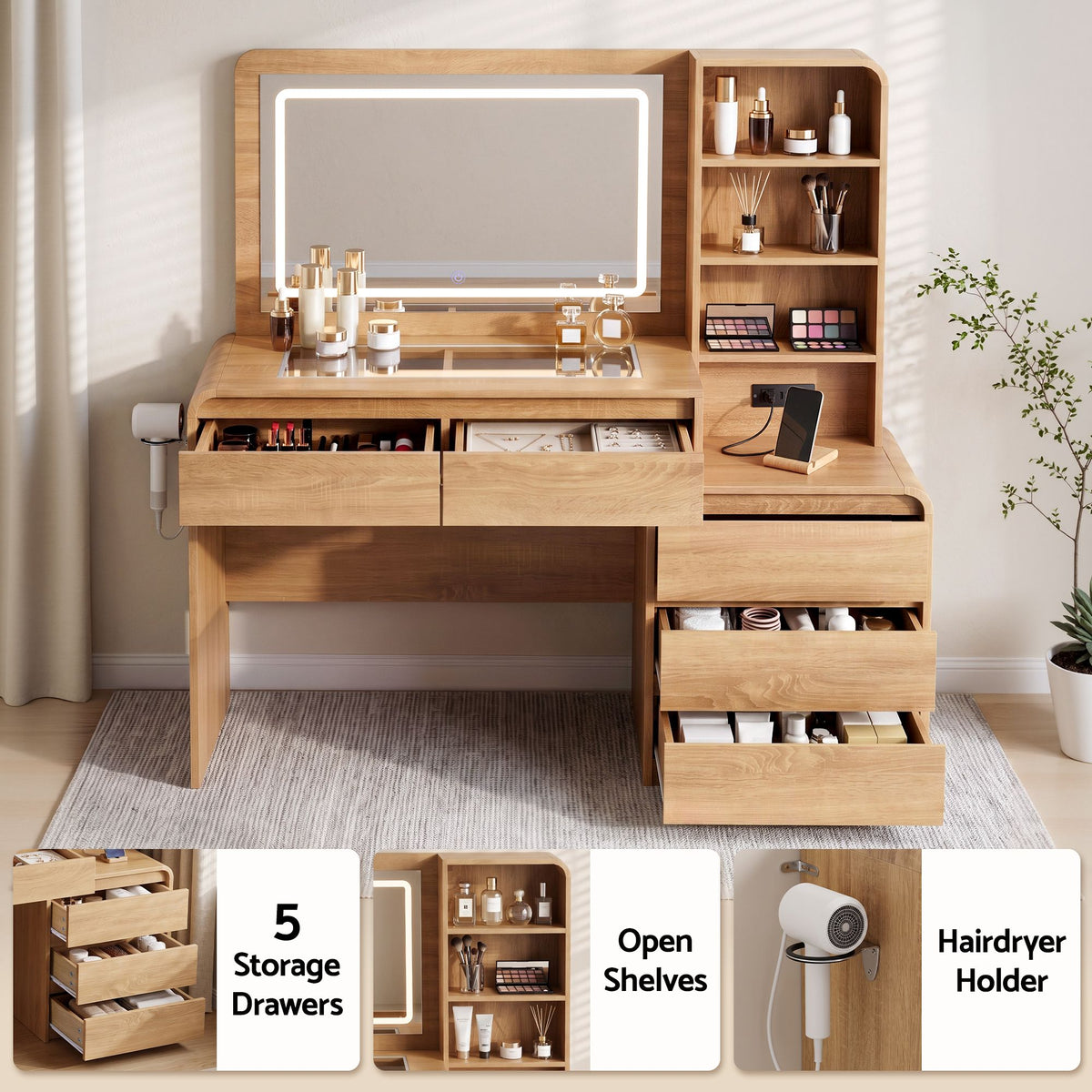 TWSC Dressing Table Makeup Vanity Desk LED Mirror Drawers Charging Station Curved Edge Wood