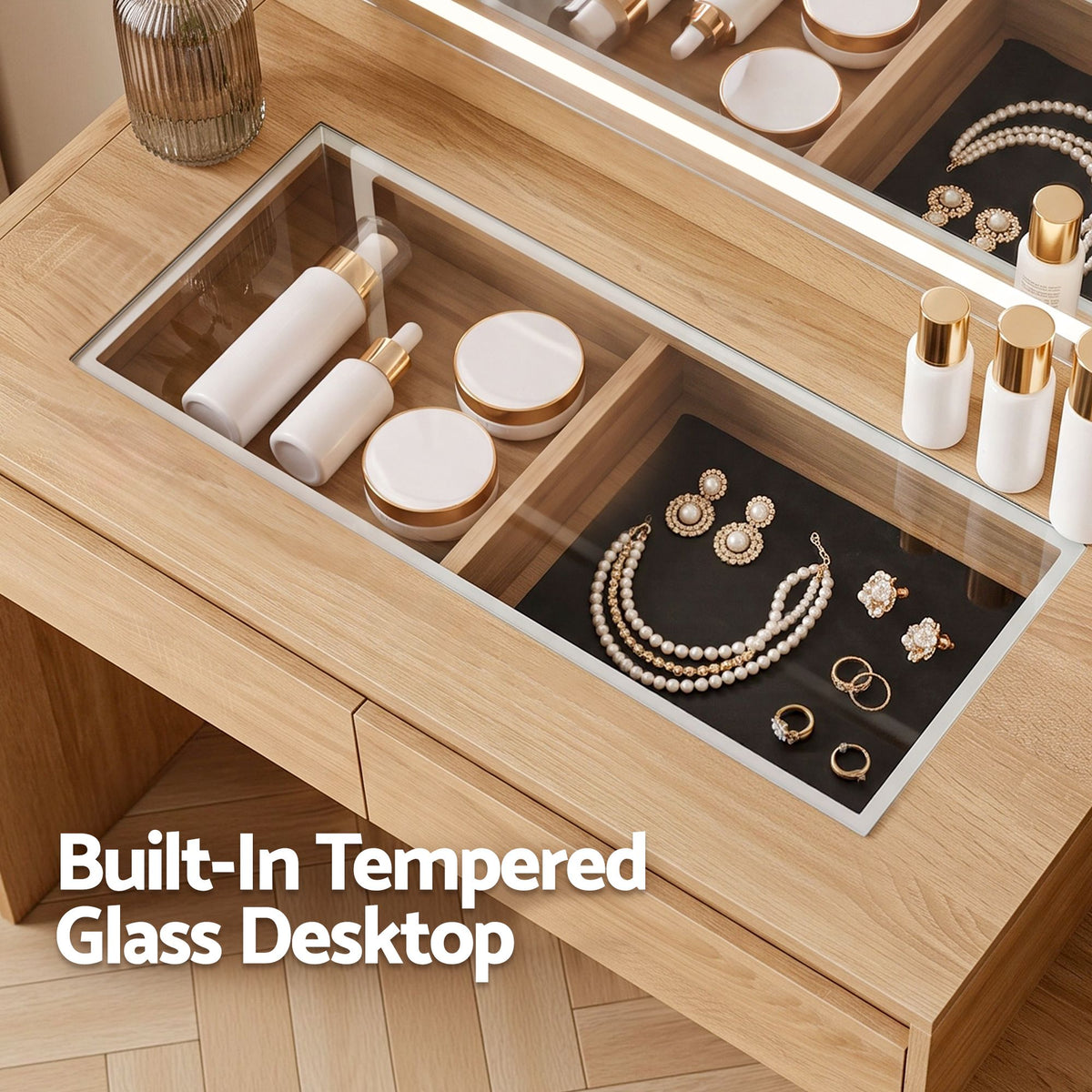 TWSC Dressing Table Makeup Vanity Desk LED Mirror Drawers Charging Station Curved Edge Wood