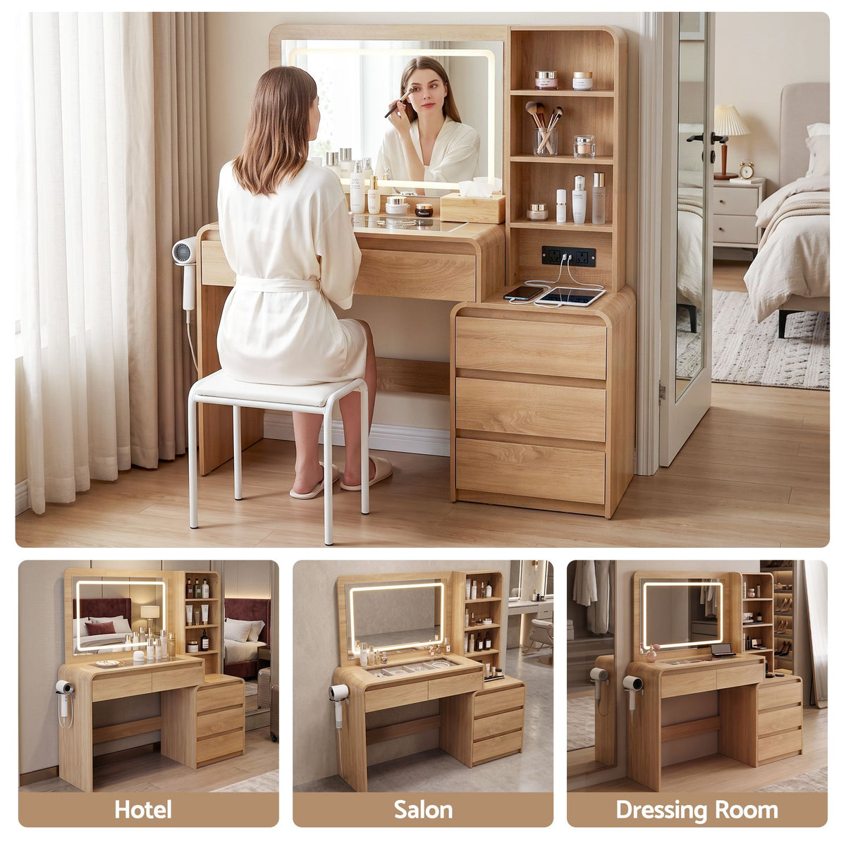TWSC Dressing Table Makeup Vanity Desk LED Mirror Drawers Charging Station Curved Edge Wood