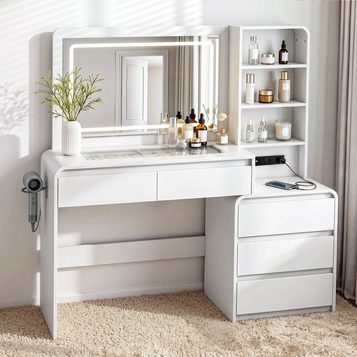 TWSC Dressing Table Makeup Vanity Desk LED Mirror Drawers Charging Station Curved Edge White
