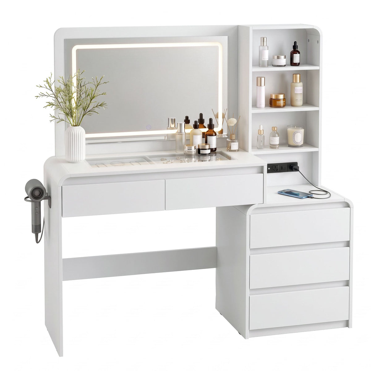 TWSC Dressing Table Makeup Vanity Desk LED Mirror Drawers Charging Station Curved Edge White