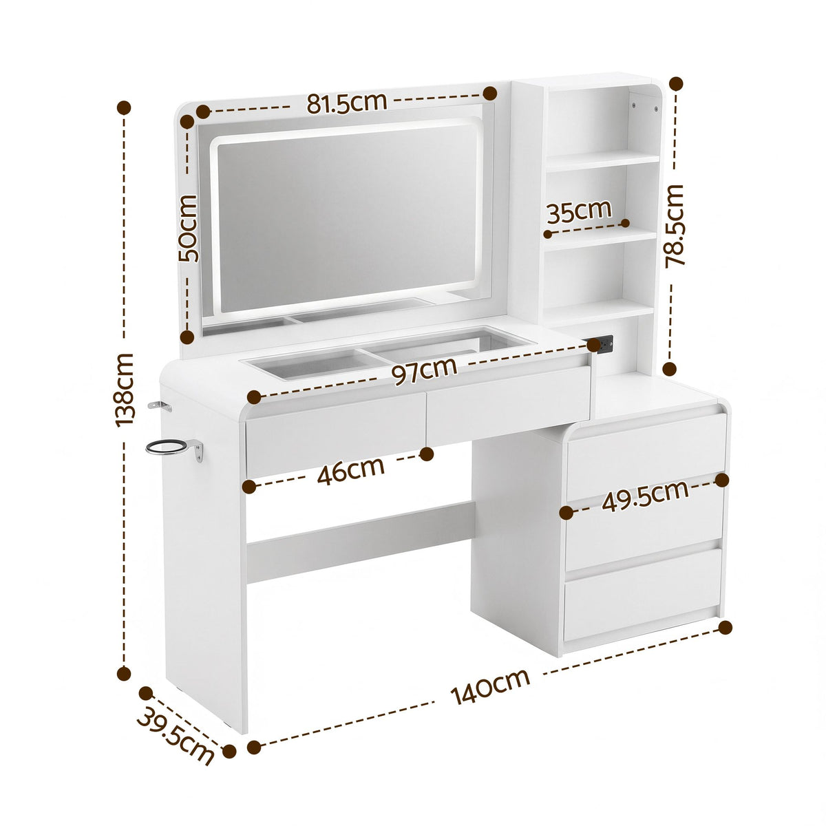 TWSC Dressing Table Makeup Vanity Desk LED Mirror Drawers Charging Station Curved Edge White