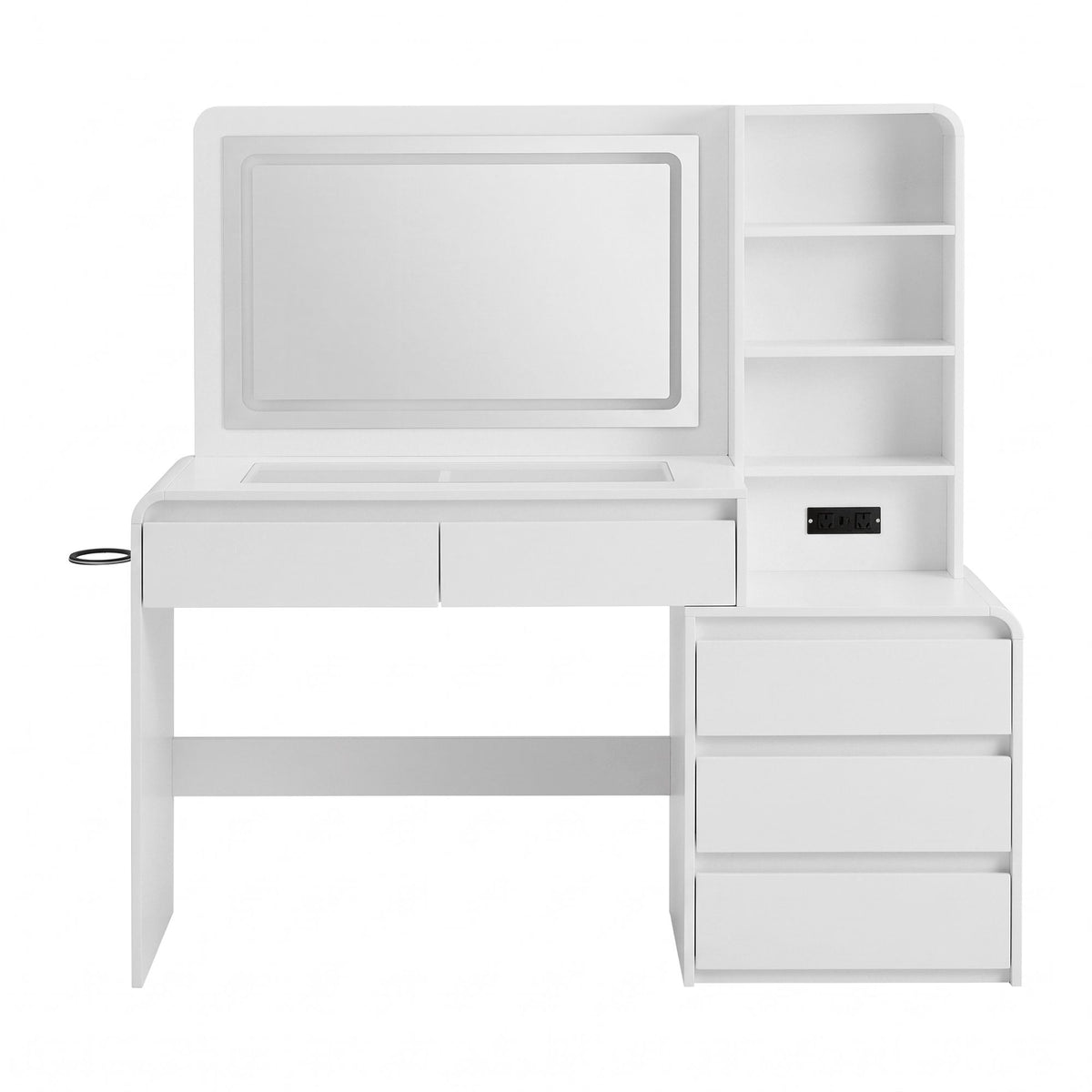 TWSC Dressing Table Makeup Vanity Desk LED Mirror Drawers Charging Station Curved Edge White