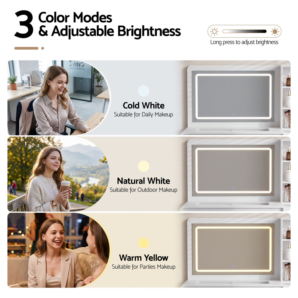 TWSC Dressing Table Makeup Vanity Desk LED Mirror Drawers Charging Station Curved Edge White