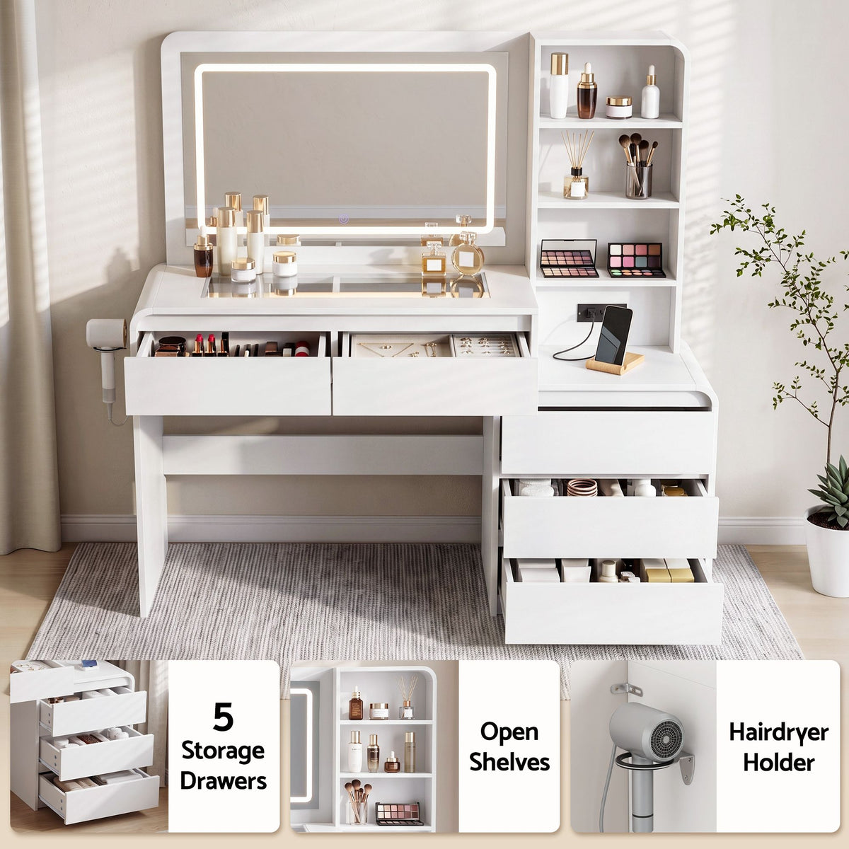 TWSC Dressing Table Makeup Vanity Desk LED Mirror Drawers Charging Station Curved Edge White