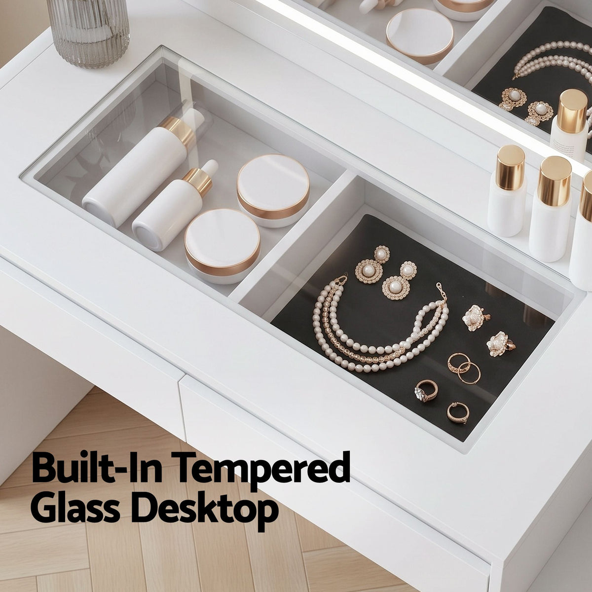TWSC Dressing Table Makeup Vanity Desk LED Mirror Drawers Charging Station Curved Edge White