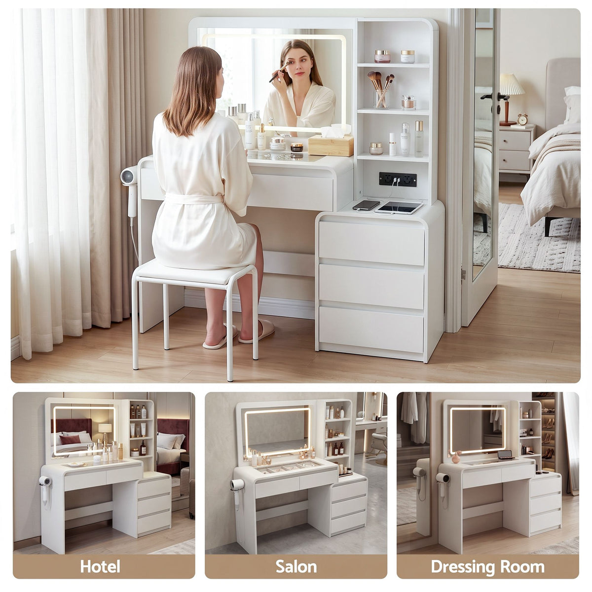 TWSC Dressing Table Makeup Vanity Desk LED Mirror Drawers Charging Station Curved Edge White