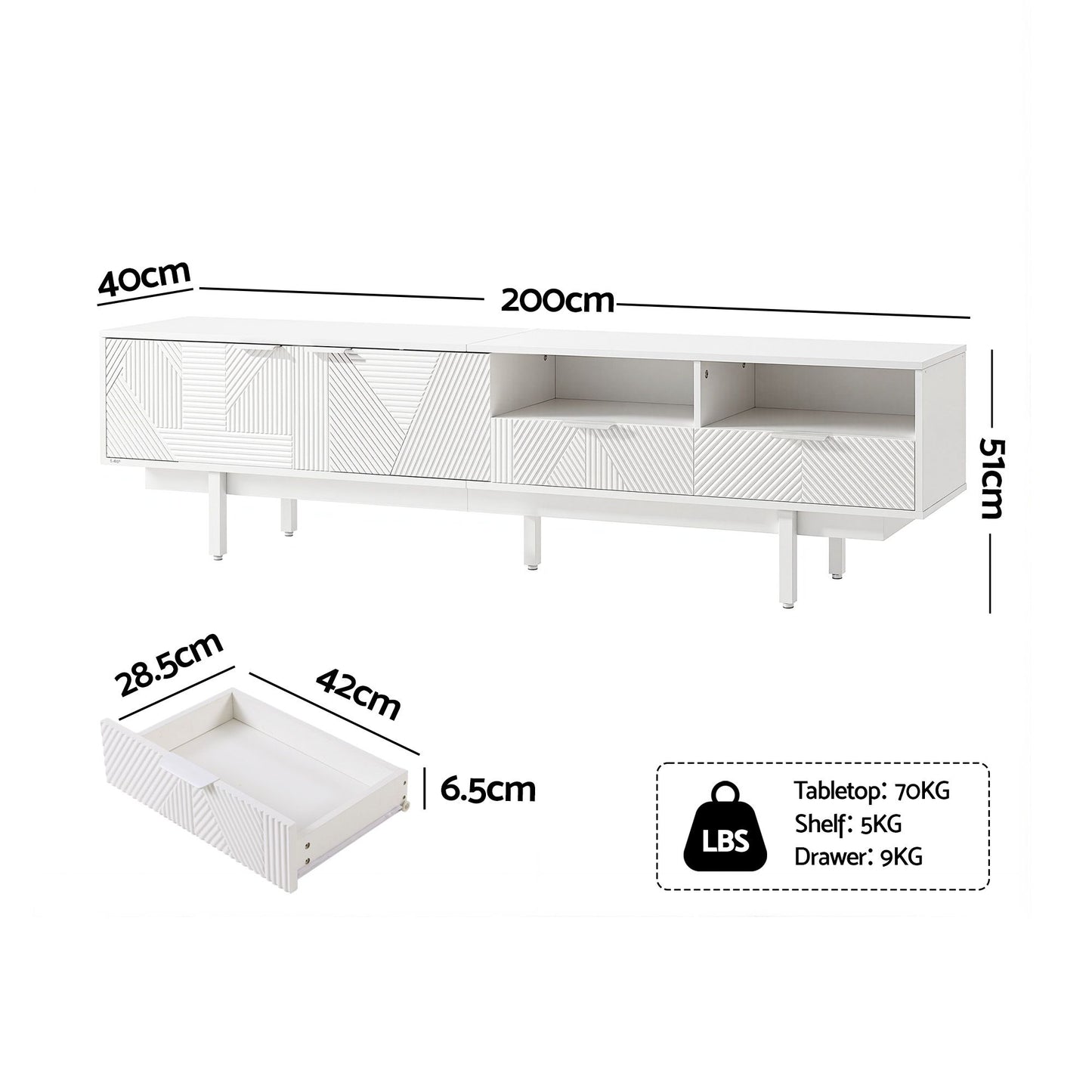 TWSC TV Unit Entertainment Unit Storage Cabinet Drawer 200cm White