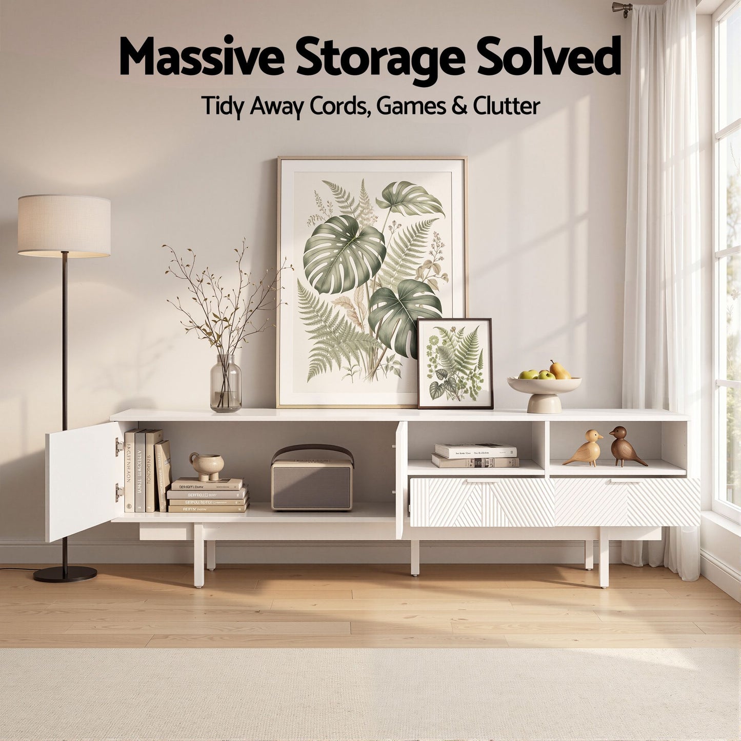 TWSC TV Unit Entertainment Unit Storage Cabinet Drawer 200cm White