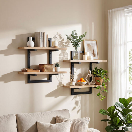 TWSC Set of 2 Floating Wall Shelf 2-Tier Wall-Mounted Display Ledge Wood & Metal